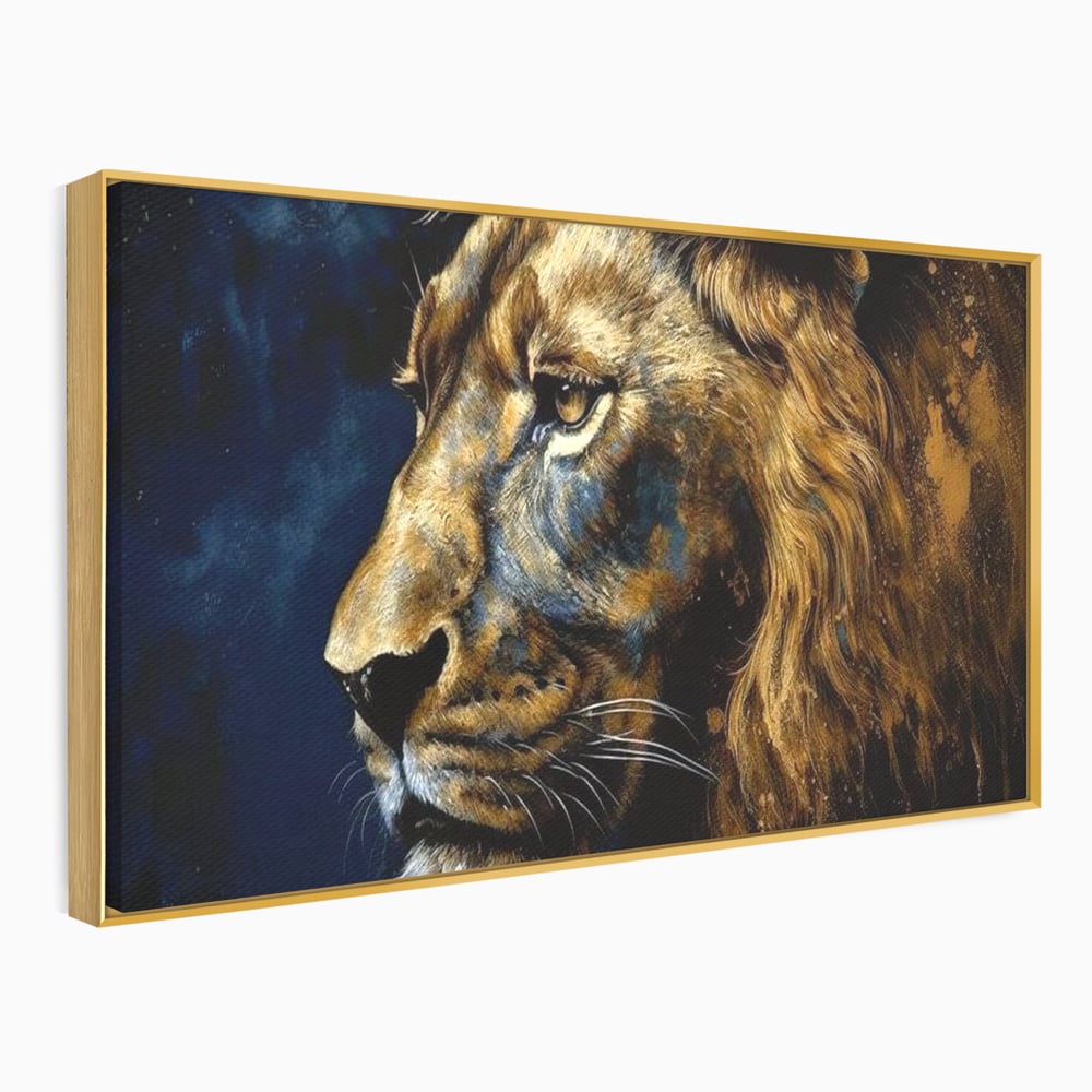 Tablou canvas cu tablou canvas cu leu in profil, in rama de aluminiu auriu